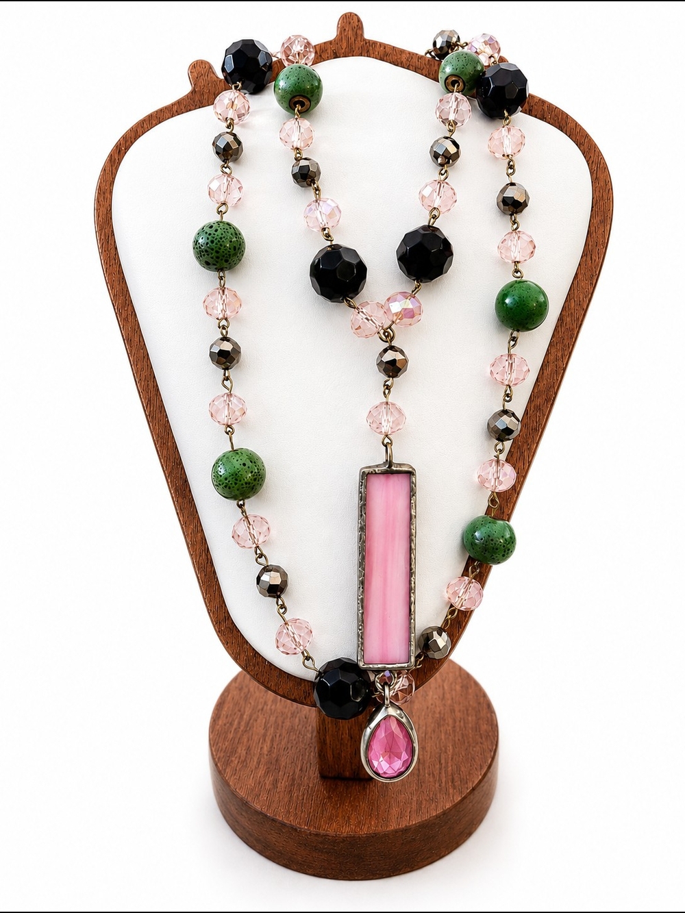 Statement Glass Pendant Necklace with Green and Black Crystal And Glass Beads